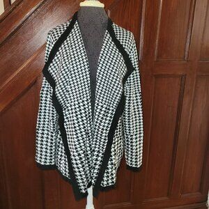Dennis Basso Houndstooth Cardigan Sweater L Open Front Black & White